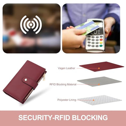 yiijay Womens Wallet RFID Blocking Leather Trifold Clutch Wallet Credit Card Holder Ladies Travel Wallet Purse with Pen Holder - color: 1Wine Red