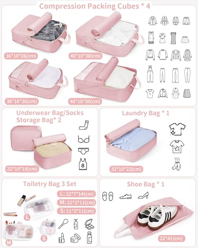 11-Piece Expandable Compression Packing Cubes, Travel Luggage Organizers Set for Suitcase, Lightweight Fabric Packing Bags for Travel Essentials Pink - color: Pink