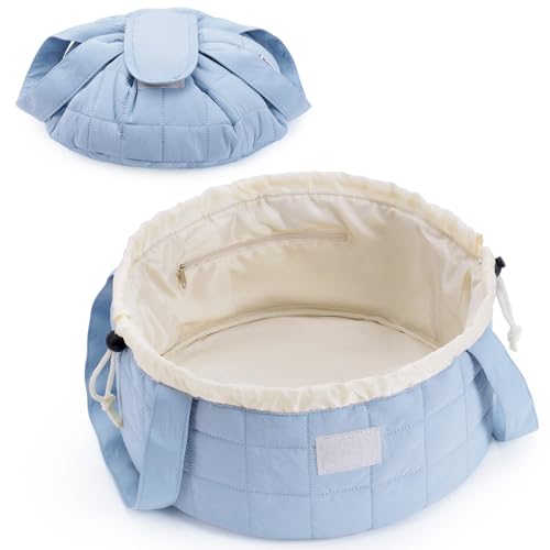 Narwey Lay Flat Open Drawstring Puffer Makeup Bag, Large Quilted Cosmetic Bag for Women Girls, Cute Make up Bags with Handle, Travel Toiletry Bag for Skincare, Brushes & Travel Essentials (Blue) - color: B-Quilted Blue