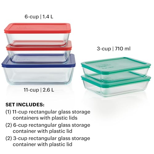 Pyrex Simply Store (5-Pack) Large Glass Food Storage Containers Set, (3, 6 & 11 Cup) Meal Prep Containers With Plastic BPA-Free Lids, Dishwasher & Microwave Safe - size: 5 Pack (Large)