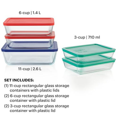 Pyrex Simply Store (5-Pack) Large Glass Food Storage Containers Set, (3, 6 & 11 Cup) Meal Prep Containers With Plastic BPA-Free Lids, Dishwasher & Microwave Safe - size: 5 Pack (Large)