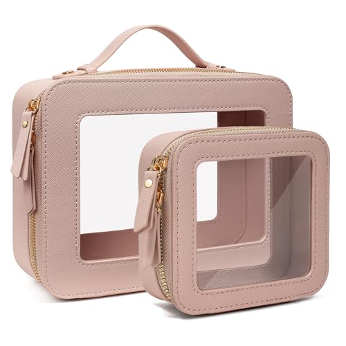 Travel Clear Makeup Bag Set, TSA Approved Cosmetic Bag Case with Zipper Portable Makeup Pouch Toiletry Bag Traveling Cosmetic Organizer Storage Bag Car Organizer Car Essentials - color: Mini + XL Luxe Dark Pink