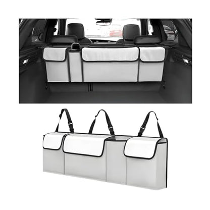 Car Trunk Organizer with Lid, Large Waterproof Vehicle Backseat Hanging Storage Bag with 4 Pockets & Adjustable Straps, Collapsible Automotive Interior Cargo Bag, Universal Fit (White/Grey) - color: White/Grey