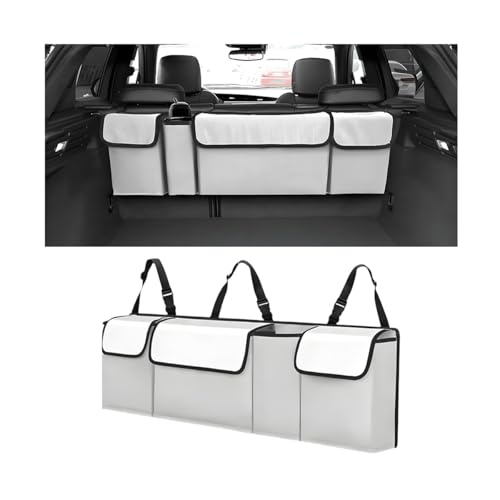Car Trunk Organizer with Lid, Large Waterproof Vehicle Backseat Hanging Storage Bag with 4 Pockets & Adjustable Straps, Collapsible Automotive Interior Cargo Bag, Universal Fit (White/Grey) - color: White/Grey