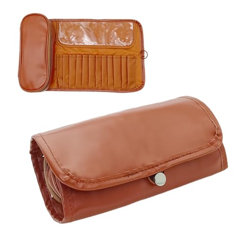 Travel Makeup Organizer, Foldable Roll-Up Cosmetic Storage Bag for Women (Brown) - color: Brown