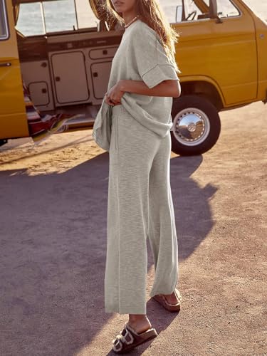 Tankaneo Women's 2 Piece Travel Outfits Casual Short Sleeve Knit Sweater Set Wide Leg Pants Lounge Sets Tracksuit - color: Khaki, size: Medium