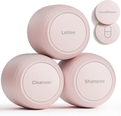 New Travel Toiletry Containers [Ultra Leakproof] TSA-Approved, PLA Hard Shell Jars with 5 Magnetic Labels, Wide Mouth Bottles for Lotion, Cleanser, Shampoo, Conditioner, Pink, 3 Pack, 1OZ - color: Pink, size: 1 oz / 30 ml