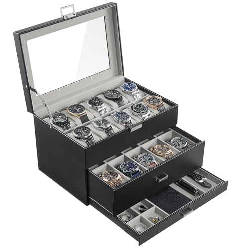 ProCase 20 Slot Watch Box for Men, 3-Layer Watch Display Case with Glass Lid, Watch Holder with Drawer, Jewelry Storage Organizer for Watches Straps Rings, Fathers Day Gift -Black - color: Black