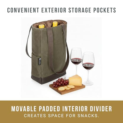 PICNIC TIME 2 and 3 Bottle Insulated Wine Bag, Distressed Waxed Canvas Wine Tote, Durable Bottle Carrier Bag for Gifts and Travel with Side Pockets & Removable Divider (Khaki Green with Brown Accents) - style: 2 Bottle Insulated Wine Bag