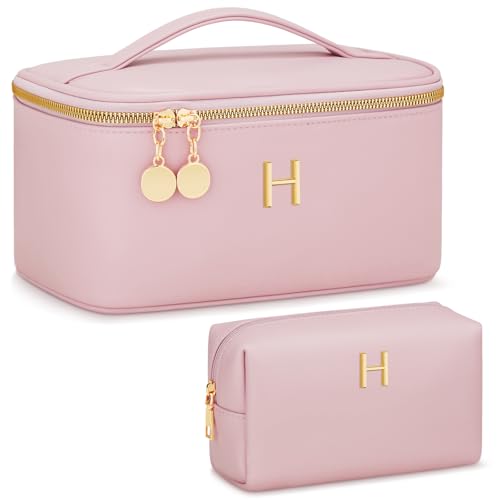 Personalized Initial Makeup Bag Gifts for Women, Large Travel Cosmetic Organizer with Handle & Divider, PU Leather Toiletry Bag for Girls, Birthday Bridesmaid Gift Set - Pink - H - color: Pink, style: H