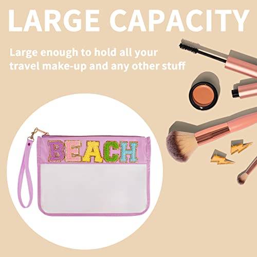 Iqimott Monogram Clear Letter Beach Bag Flat Pouch, Chenille Glitter Letter Patch Makeup Cosmetic Bag Zipper Toiletry Pouch, Portable Travel Beach Snack Wristlet Bags for Women Girls(Beach, Purple) - color: Beach-Purple
