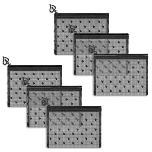 6 Pack Mini Zipper Mesh Makeup Bags, Heart Print Nylon Cosmetic Bags Toiletry Bags for Office Travel Organization (Black, XS) - color: Black, size: XS