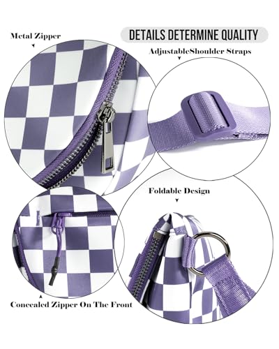Crescent Bag for Women and Men, Fashion Medium Nylon Folding Crescent Moon Bag Single Shoulder Bag with Adjustable Strap - color: Crossbody bag- Cloud Purple Checkered