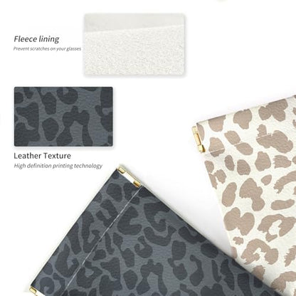 Glasses Case Soft, Eyeglass Cases for Women Portable Squeeze Top PU Leather 2 Pack Glasses Pouch with Cleaning Cloth - color: 2pcs Black Leopard+brown Leopard