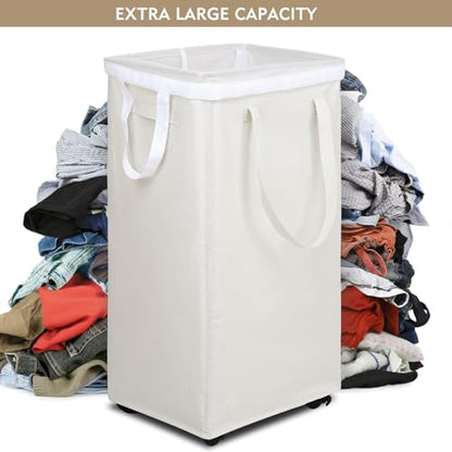 DOKEHOM 90L X-Large Laundry Basket with Removable Wash Bag on Wheels, Collapsible Rolling Laundry Hamper, Foldable Clothes Organizer, Folding Washing Bin (Beige) - color: Beige, size: X-Large Pro 29"