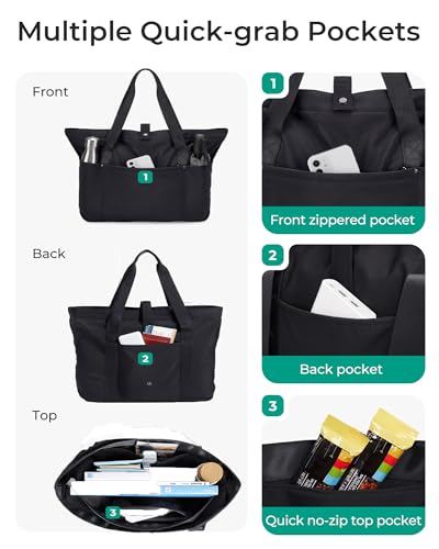 BAGSMART Tote Bag for Women, Foldable Tote Bag With Zipper Travel Shoulder Bag Handbag for Work - color: Black