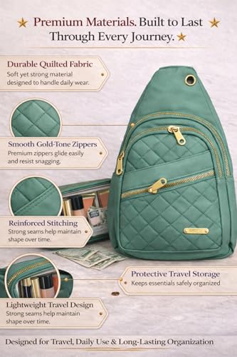 Travel Essentials Gift Set for Women – 7 Pc Travel Kit with Sling Bag, TSA Pouch, Jewelry Case & Sleep Mask - color: Spritzy Sage