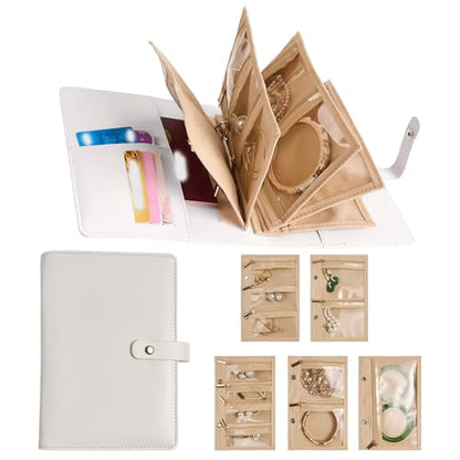 Women’s Travel Jewelry Case - Jewelry Ponch PU Leather Bag Ring Binder Organizer with Zipper Velvet Jewelry Pouches Bags - Cream White - color: Flatpattern_cream White