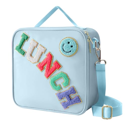Insulated Lunch Bag With Adjustable Shoulder Strap, Nylon Preppy Lunch Box Large Insulated Lunch Bag Reusable Lunch Tote Bag with Smiley Preppy LunchBag for Girls School Travel Picnic (Blue) - color: Blue