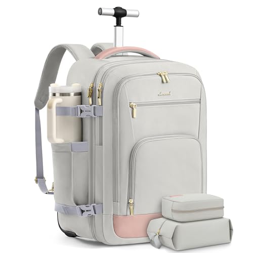 LOVEVOOK 50L Rolling Backpack with Wheels, 18 Inch Carry On Luggage for Women, Water Resistant Wheeled Travel Backpack, Flight Approved Underseat Trolley Bag for Business, Overnight Trips, College - color: Pink-grey, size: 50l-18 Inch-3pcs With Wheels