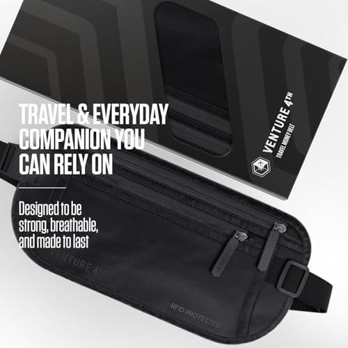 VENTURE 4TH Money Belt for Travel – Slim Hidden Under-Clothes RFID Blocking Anti-Theft Passport Holder & Travel Wallet Pouch for Men & Women to Protect Cash, Cards & Documents (Sleek Black) - color: Sleek Black