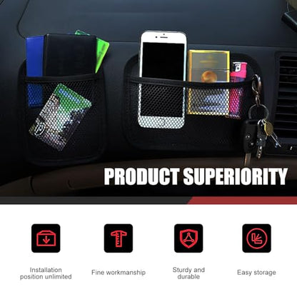 2PCS Car Organizer Net Pocket, Multifunctional Internal Adhesive Storage Bag for Phones Sunglasses ID Cards, Thickened Oxford Side Pocket with Comfortable Cotton, for Most Cars (Black)