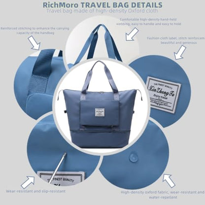 Large Capacity Foldable Travel Bag, Expandable lightweight Carry on Bag, Dry with Wet Separation Spor Duffel Bags (Blue) - color: Blue