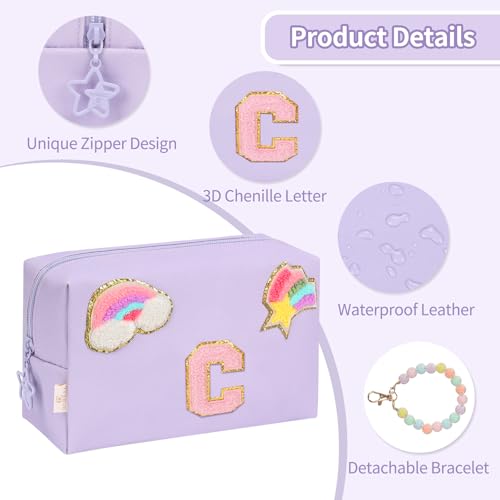 Initial Makeup Bag for Girls, Cute Makeup Bag Small Cosmetic Bag Travel Make Up Organizer Pouch, Birthday Gifts for Girls 4 5 6 7 8 9 10 11 12 13 14 15 Years Old, Teen Girls Gifts Trendy Stuff - color: Purple + Bracelet, style: C