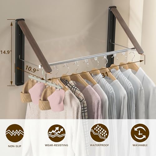 Clothes Drying Rack, Laundry Room Wall Mounted Retractable Clothes Hanger Drying Rack, Laundry Clothing Drying Rack Folding Indoor or Outdoor, Aluminium Dryer, 2pcs(Wood with 80cm bar) - color: Wood2