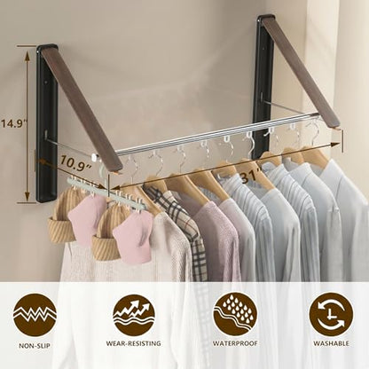 Clothes Drying Rack, Laundry Room Wall Mounted Retractable Clothes Hanger Drying Rack, Laundry Clothing Drying Rack Folding Indoor or Outdoor, Aluminium Dryer, 2pcs(Wood with 80cm bar) - color: Wood2
