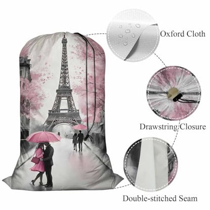 Swono Paris Heavy Duty Laundry Drawstring Bag with Strap, European City Landscape Eiffel Tower 28 x 40 Inches Travel Dirty Clothes Bag for Laundromat and Household, Oil Painting - color: Paris