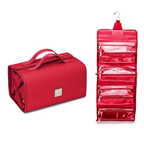 ROYALFAIR Roll Up Makeup Bag, Travel Toiletry Bag for Women with 4 Clear TSA Approved Pouches, Hanging Travel Organizer, Folding Cosmetic Bag for Men and Women - color: Red
