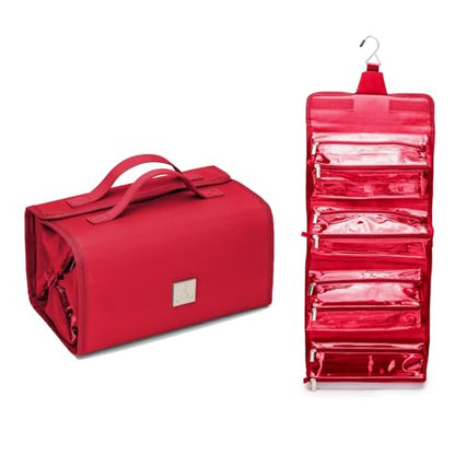 ROYALFAIR Roll Up Makeup Bag, Travel Toiletry Bag for Women with 4 Clear TSA Approved Pouches, Hanging Travel Organizer, Folding Cosmetic Bag for Men and Women - color: Red