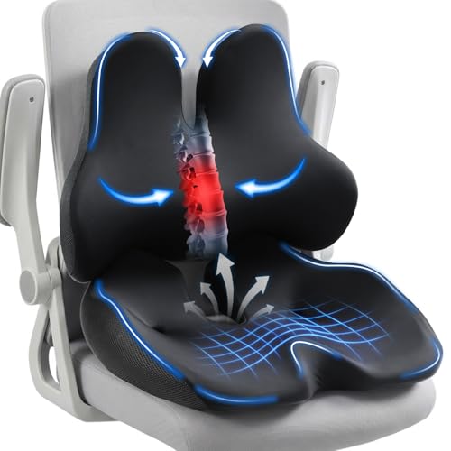 Seat Cushion Lumbar Support Pillow Set for Tailbone & Sciatica Pain Relief, Chair Cushions Back Support with Ergonomic Design Memory Foam XLarge Coccyx Pad for Car, Office, Desk, Wheelchair