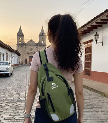 Sling Backpack for Women & Men, Crossbody Travel Bag with Water Bottle Holders, 17 Pockets, Quick-Access Phone Pocket, Hidden Security Pocket, Fits 11" Tablet, for Daily Carry, Travel, Theme Parks - color: C-olive