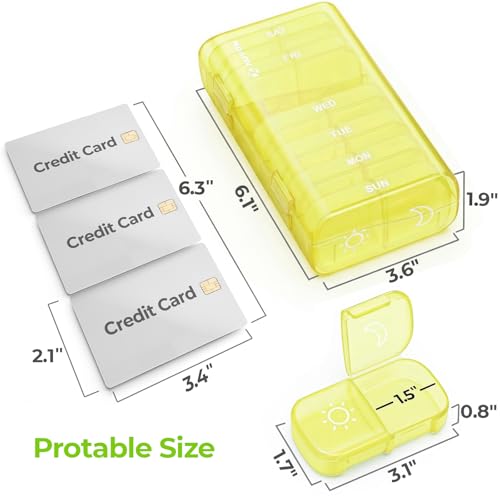 AUVON XL Weekly Pill Organizer 2 Times a Day, Pill Box 7 Day with One-Side Large Openings for Easy to Use, Black Privacy Protection AM PM Pill Case for Medication, Vitamins, Fish Oils, Supplements - color: Light Yellow
