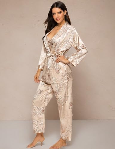 Escalier Women's Silk Satin Pajamas Set 3 Pcs Floral Silky Pj Sets Sleepwear Cami Nightwear with Robe and Pant - color: Camel, size: Small