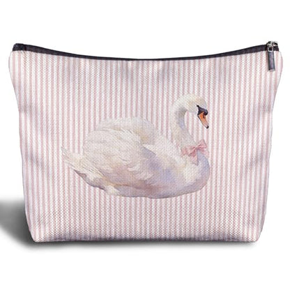 Coquette Pink Bow Swan Makeup Bag, Swan Gifts for Women Cosmetic Bags, Pink and White Striped Preppy Animal Makeup Zipper Pouch - color: Pink Bow Swan