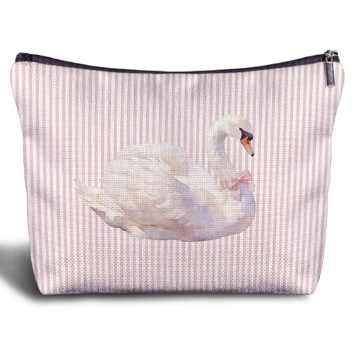 Coquette Pink Bow Swan Makeup Bag, Swan Gifts for Women Cosmetic Bags, Pink and White Striped Preppy Animal Makeup Zipper Pouch - color: Pink Bow Swan
