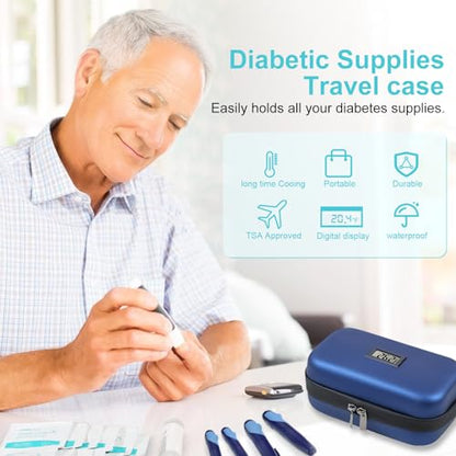 Gosemai TSA Approved Insulin Cooler Travel Case Medication Cooler for Travel with Thermometer Temperature Display Diabetic Medication Organizer Medical Travel Cooler Bag with 2 Ice Pack - color: Blue