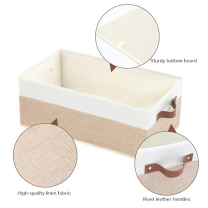 6 Pack Fabric Storage Bins, Large Storage Baskets for Shelves, Foldable Closet Organizer Storage Boxes with Leather Handles for Clothes, Sheets, Jeans, Toys, Books (Beige and White) - style: 6 Pack Beige & White