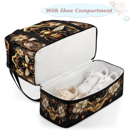 Travel Duffle Bags With Shoes Compartment for Women Men Old Gold Bee Lightweigh Sports Tote Gym Bag Foldable Canvas Weekender Overnight Carry On Luggage Handle Bag - color: print 12
