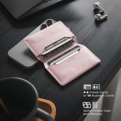 VULKIT Slim Minimalist Card Holder RFID Blocking Leather Credit Card Holder Front Pocket Wallet Magnetic Closure - color: Pink
