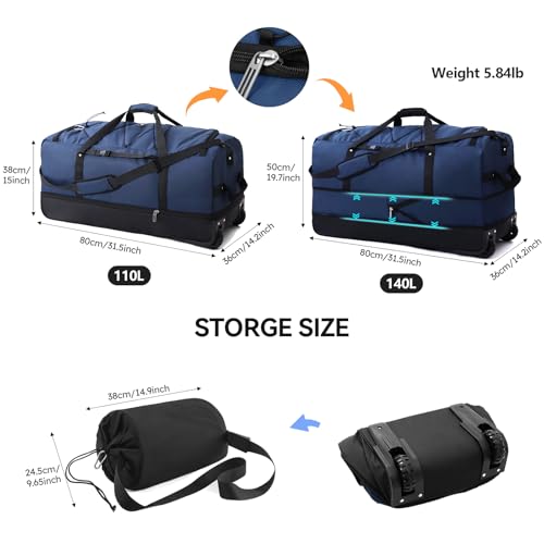 Bagenerous 110L/140L Expandable Soft-Sided Foldable Duffle Bag with 2 Rubber Wheels,Packable 32” Rolling Carry-On with Multi-Pockets & Compartments,Navy Blue - color: Navy Blue