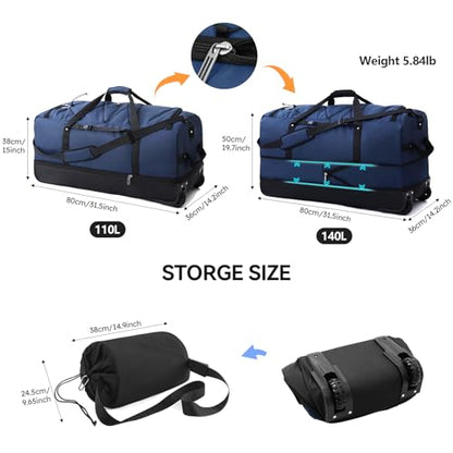 Bagenerous 110L/140L Expandable Soft-Sided Foldable Duffle Bag with 2 Rubber Wheels,Packable 32” Rolling Carry-On with Multi-Pockets & Compartments,Navy Blue - color: Navy Blue