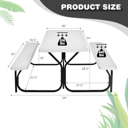 COSTWAY Outdoor Picnic Table, HDPE Plastic Picnic Table Bench Set with Weather Resistant Tabletop & Wood Texture, Ideal for Patio, Backyard (59" D x 54" W x 28.5" H,White) - color: White