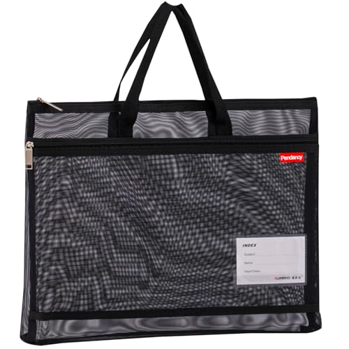 Pendancy Mesh Zipper Pouch A3 Size, Large Double Pocket Lightweight Nylon Transparent File Bag with Handle, 13x17 in Foldable Document Storage for Puzzle Project/Cross Stitch/Travel/Office (Black) - color: Translucent Black, style: DIY Label Type A3 Size(