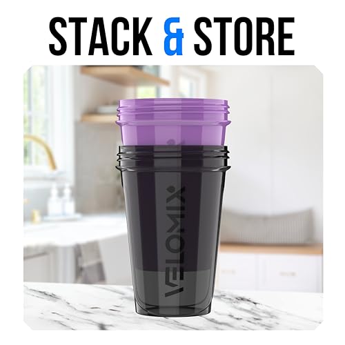 VELOMIX -2 Pack- 20 oz Protein Shaker Bottles for Protein Mixes - 2x Wire Whisk | Leak Proof Shaker Cups for Protein Shakes and Pre Workout | Protein Shaker Bottle Pack (A9) Purple/Black - color: A9) Purple / Black
