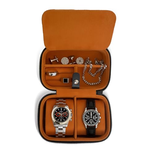 Galis Luxury Watch Travel Case for Men High End Portable 2-Slot Watch Holder, Premium Watch Box for Men, Jewelry Storage Organizer, Fathers Day Gift (Black & Orange) - color: Black & Orange