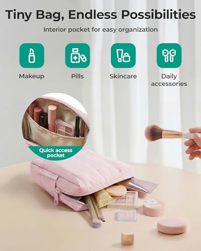 BAGSMART Small Travel Makeup Bag for Purse Toiletry Pouch, Puffy Padded Mini Cosmetics Bag, Cute Make Up Pouch for Women with Slip-in Pocket, Travel Essentials for Toiletries, Checkered Khaki - color: 09-Checkered Khaki